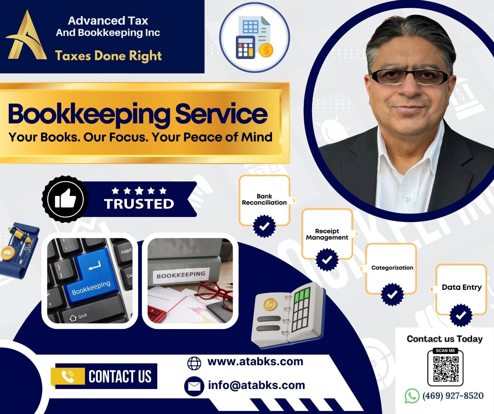 Advanced Tax and Bookkeeping bookkeeping service graphic highlighting bank reconciliation, receipt management, categorization and data entry