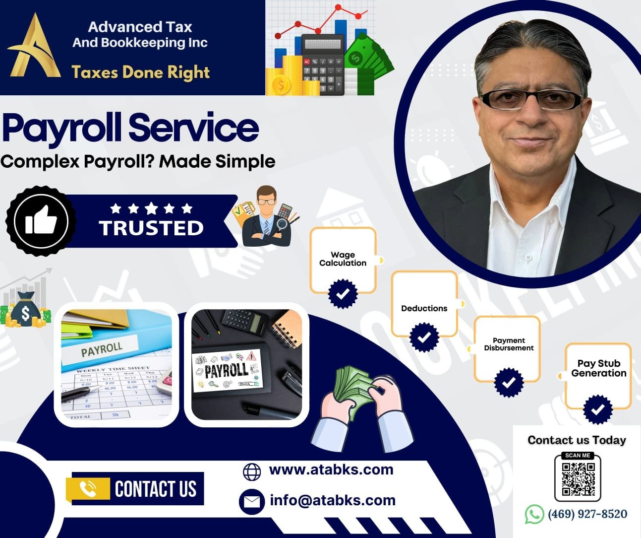 Advanced Tax and Bookkeeping payroll service graphic highlighting wage calculation, deductions, payment disbursement and pay stub generation