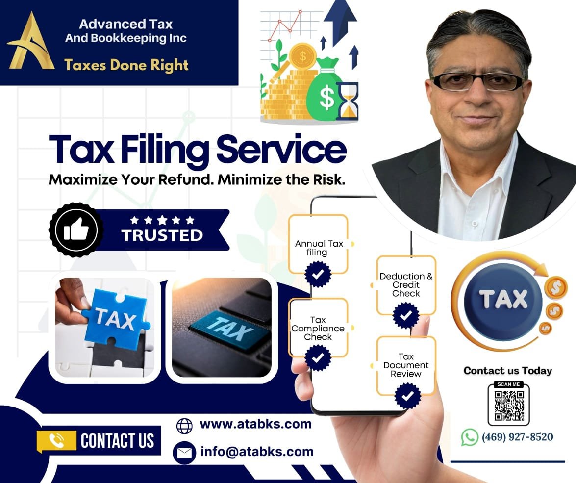 Advanced Tax and Bookkeeping tax filing service graphic highlighting annual filing, deductions, compliance checks and document review